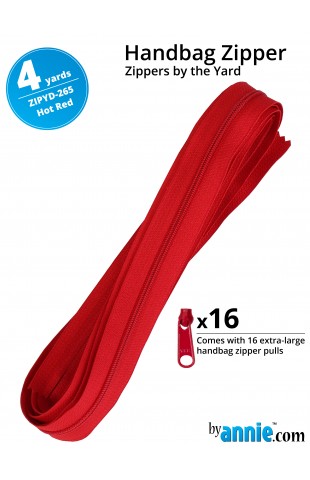 ZIPYD-265-HOT RED, Zippers Hot Red, 4 yards (3,6 meter) 16 extra large zipper pulls ByAnnie