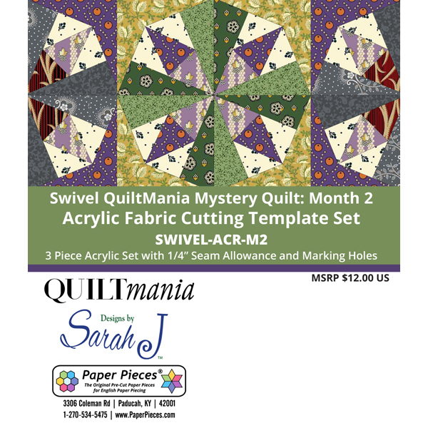 Swivel Mystery Quilt Acrylic Fabric Cutting Templates with 1/4" Seams and Marking Holes, month 2
