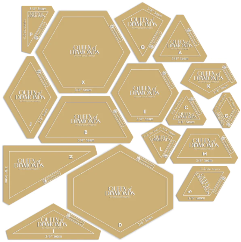 QUEENOFDIAMONDS-038, Queen of Diamonds Acrylic Template Set 16 Piece Fabric Cutting Template set with 3/8" Seam Allowance in clear acrylic by Paper Pieces