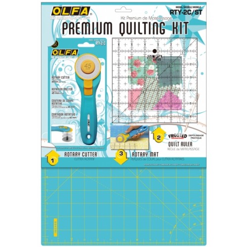 OLFA Premium Quilting Kit Aqua Blue (Rotary Cutter, CM, Inch Ruler and Cutting Mat)