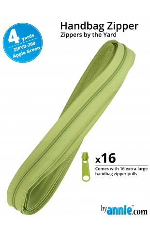 ZIPYD-200-APPLE GREEN, Zippers Apple Green, 4 yards (3,6 meter) 16 extra large zipper pulls ByAnnie